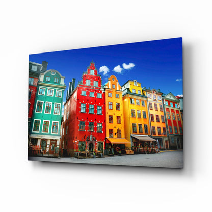 Stockholm House View glass wall art with colorful Stortorget square scene