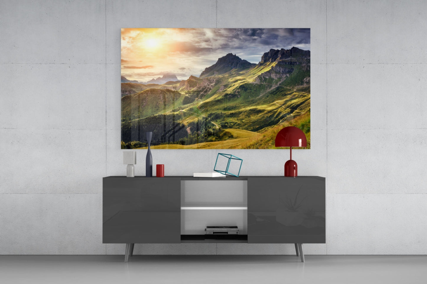Alpine Valley Sunrise Glass Wall Art, Dolomite Mountain Landscape