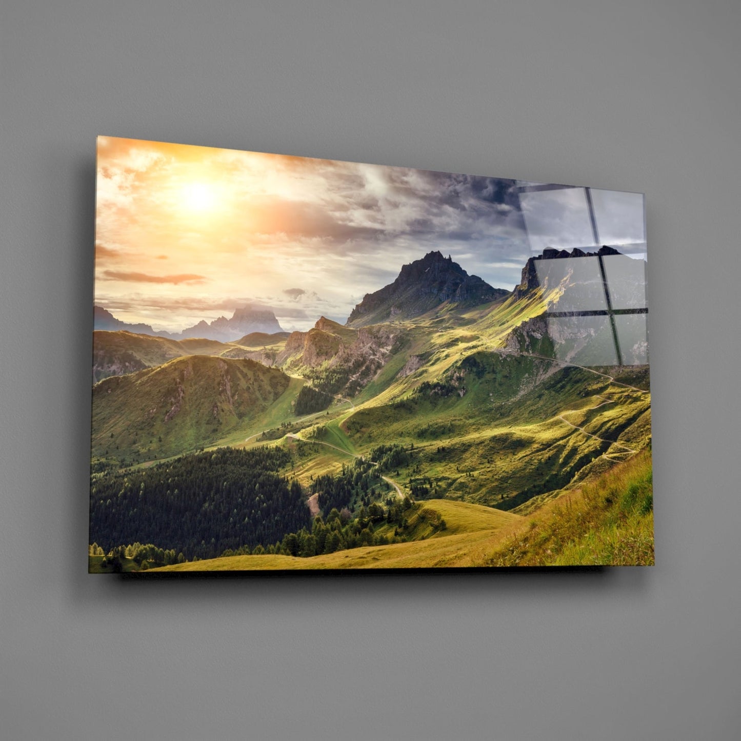 Alpine Valley Sunrise Glass Wall Art, Dolomite Mountain Landscape
