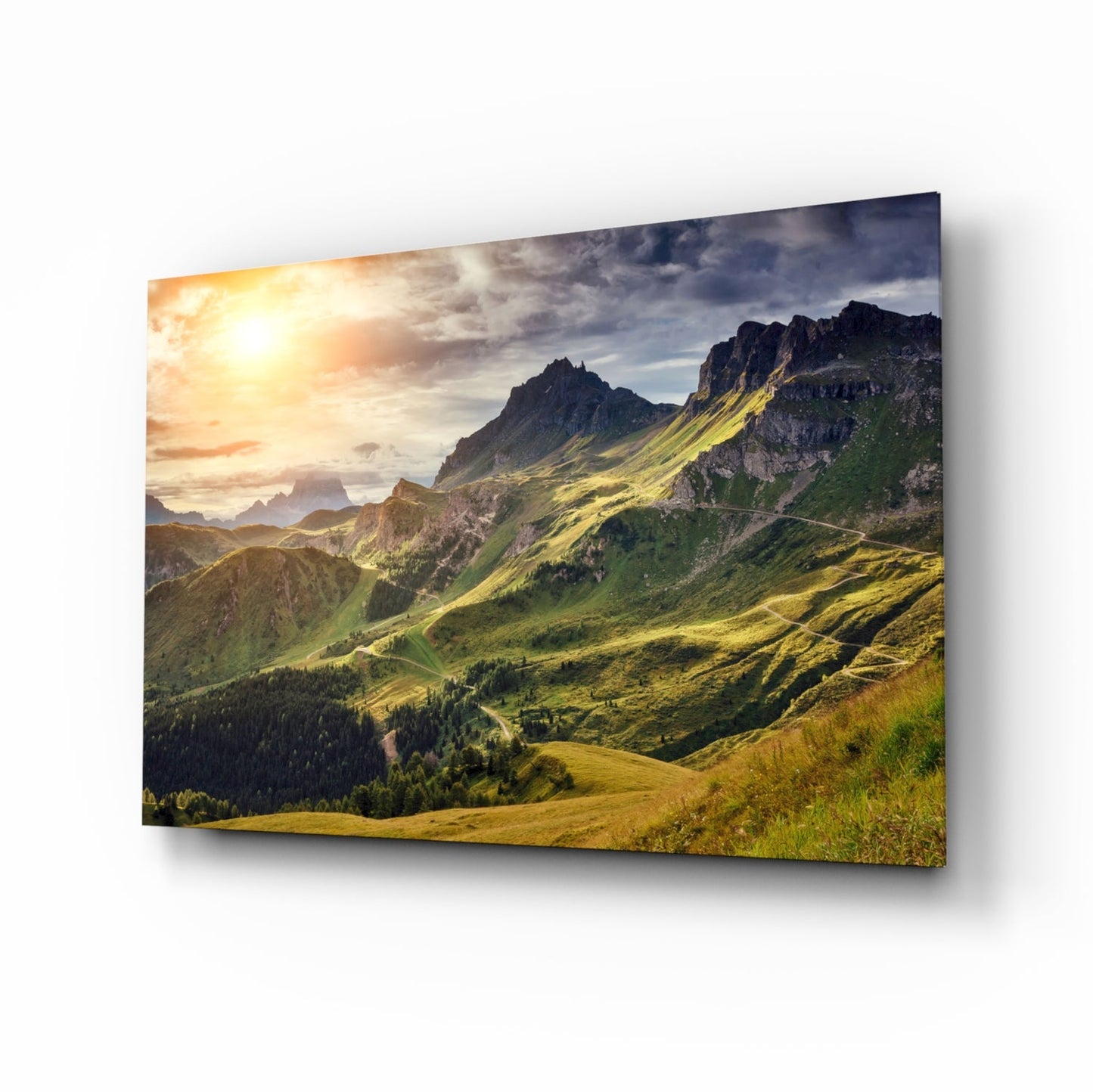 Alpine valley sunrise Dolomite mountains glass wall art