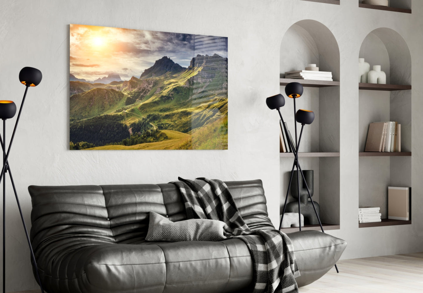 Alpine Valley Sunrise Glass Wall Art, Dolomite Mountain Landscape