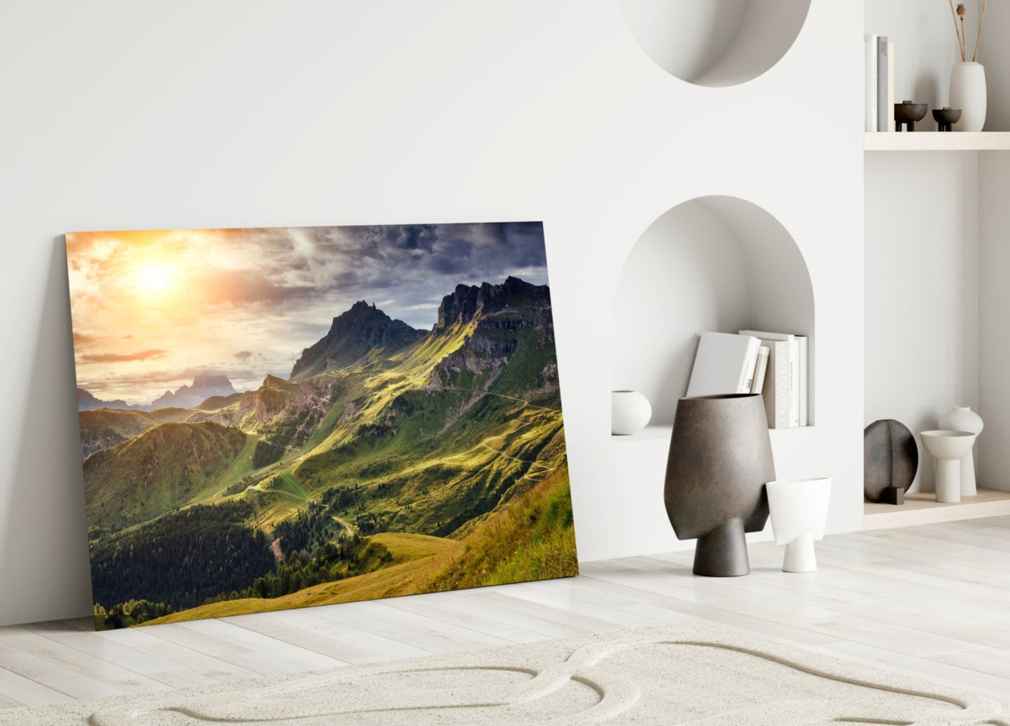 Alpine Valley Sunrise Glass Wall Art, Dolomite Mountain Landscape