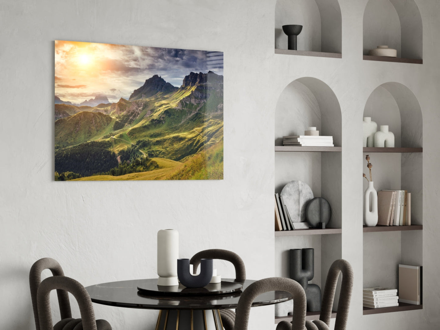 Alpine Valley Sunrise Glass Wall Art, Dolomite Mountain Landscape