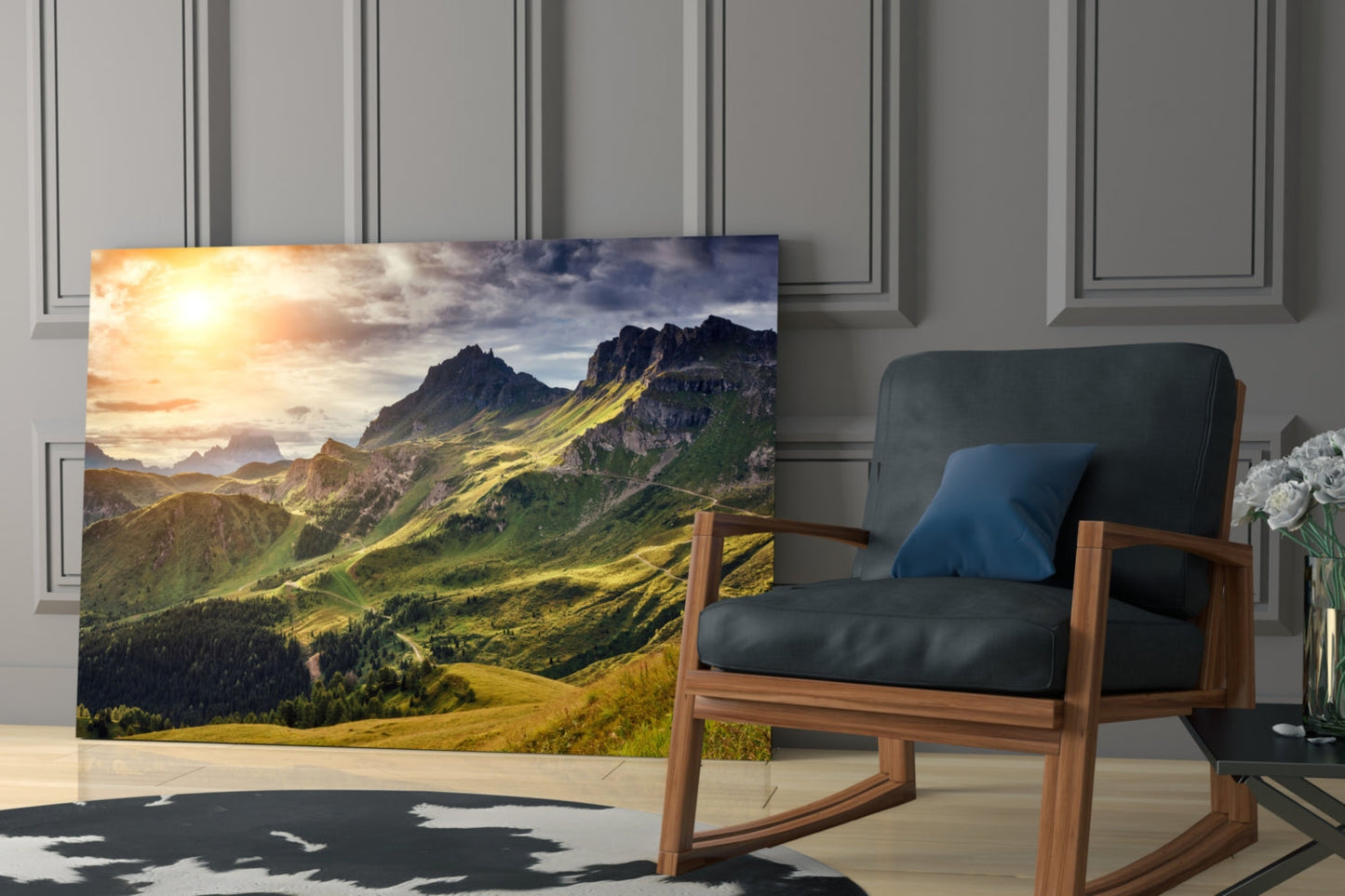 Alpine Valley Sunrise Glass Wall Art, Dolomite Mountain Landscape