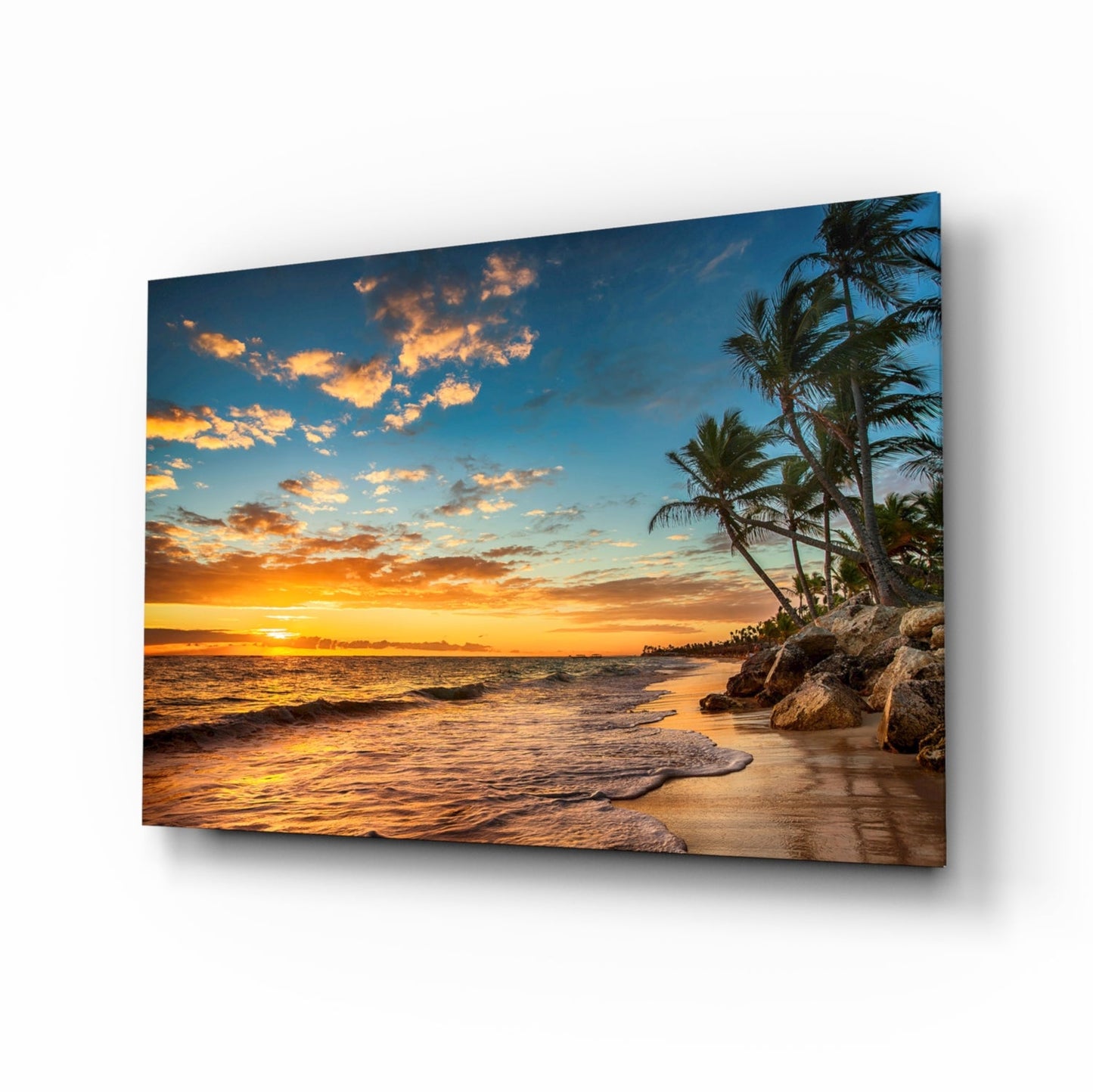 Beach Cruise Glass Wall Art - tropical sunset beach with palm trees