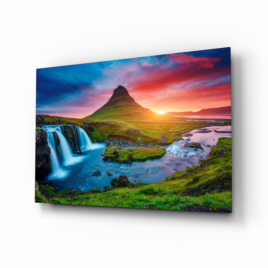 Kirkjufellsfoss waterfall Iceland glass wall art print