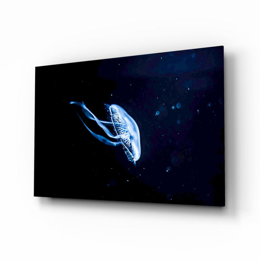 Cobalt moon jellyfish glass wall art, single translucent jellyfish against midnight-indigo abyss