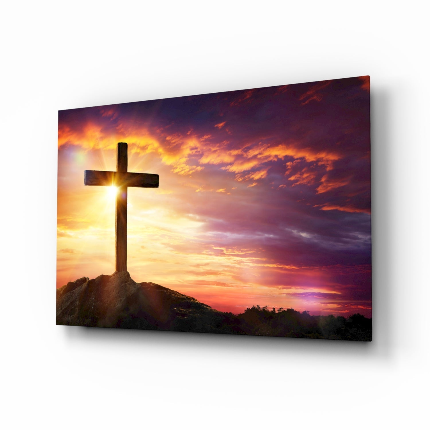 Silhouetted cross sunset glass wall art print