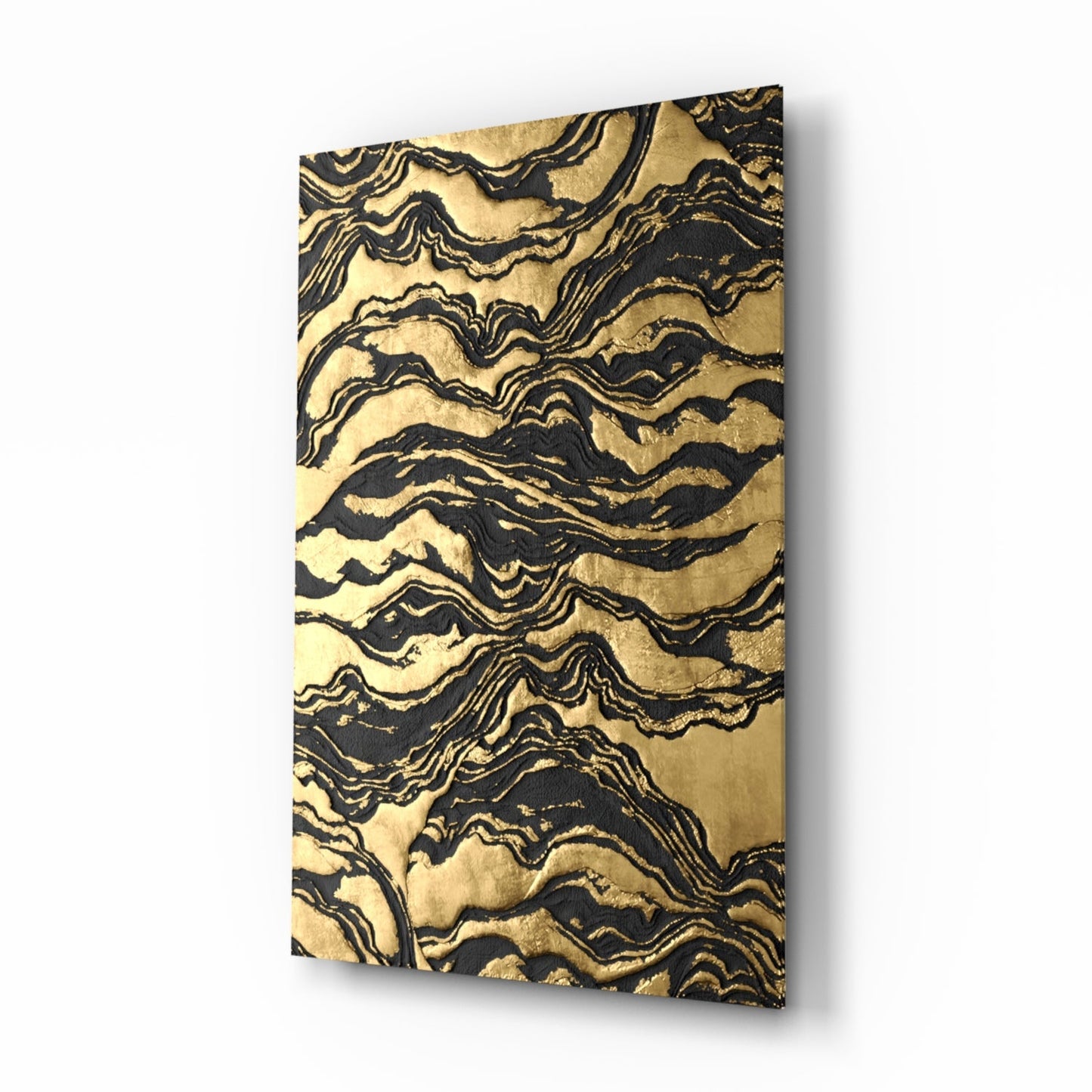 Gold and onyx abstract wave glass wall art print