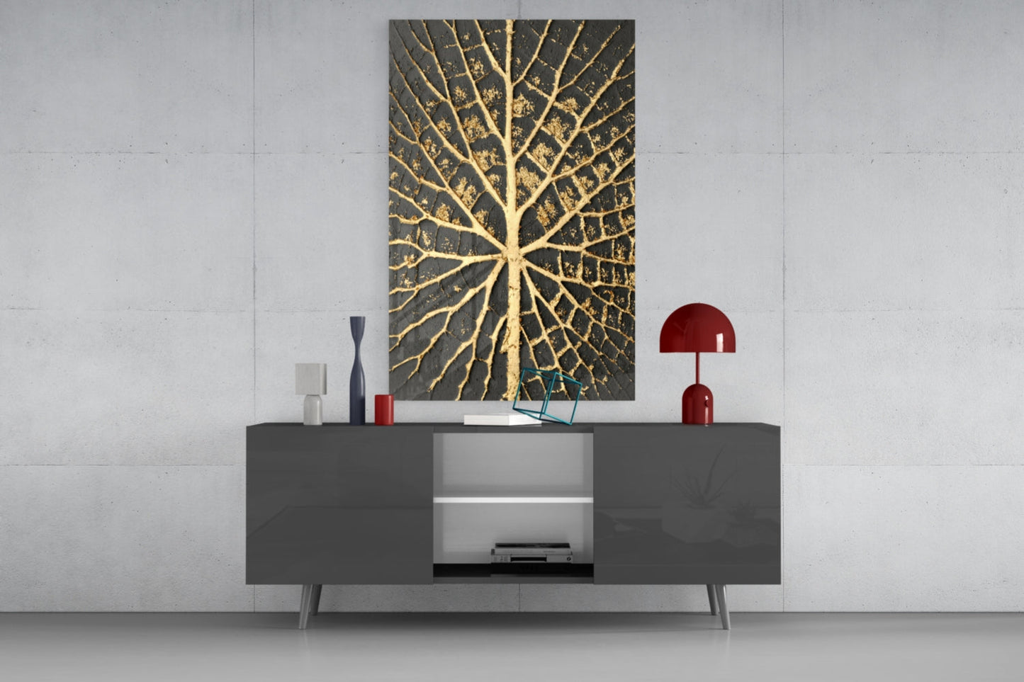 Gilded Leaf Charcoal Abstract Glass Wall Art