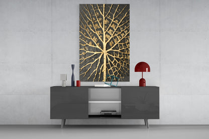 Gilded Leaf Charcoal Abstract Glass Wall Art