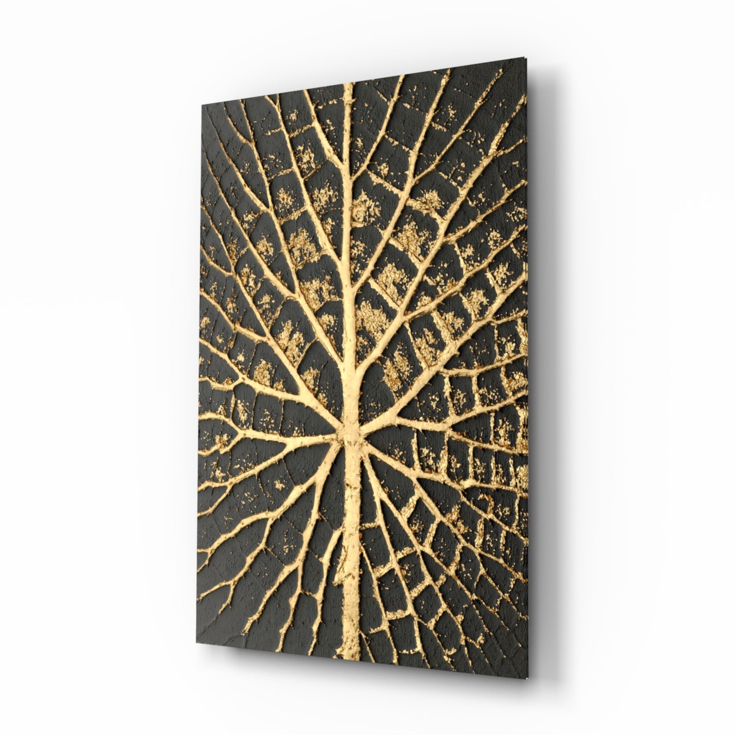 Gilded leaf charcoal abstract glass wall art