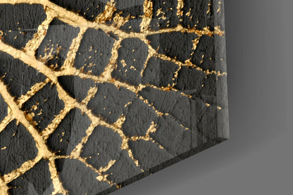 Gilded Leaf Charcoal Abstract Glass Wall Art