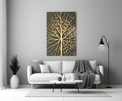 Gilded Leaf Charcoal Abstract Glass Wall Art