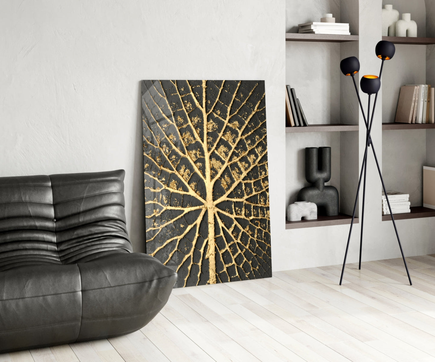 Gilded Leaf Charcoal Abstract Glass Wall Art