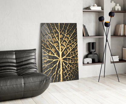 Gilded Leaf Charcoal Abstract Glass Wall Art
