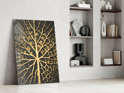Gilded Leaf Charcoal Abstract Glass Wall Art