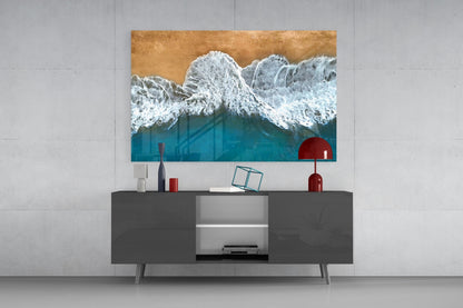 Aerial Coastal Waves Glass Wall Art