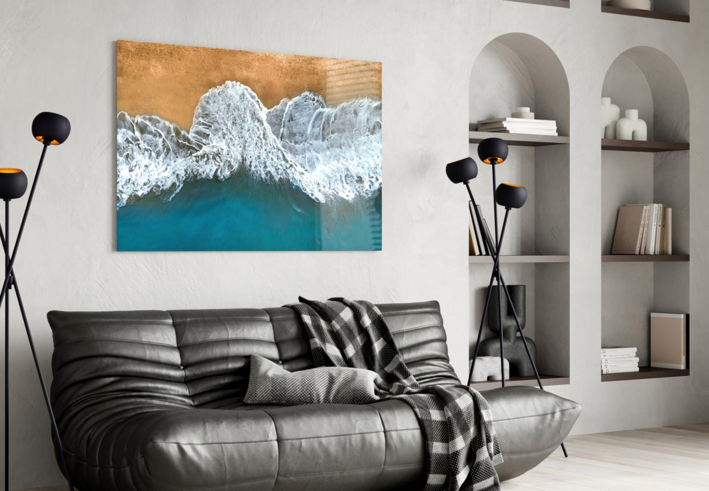 Aerial Coastal Waves Glass Wall Art