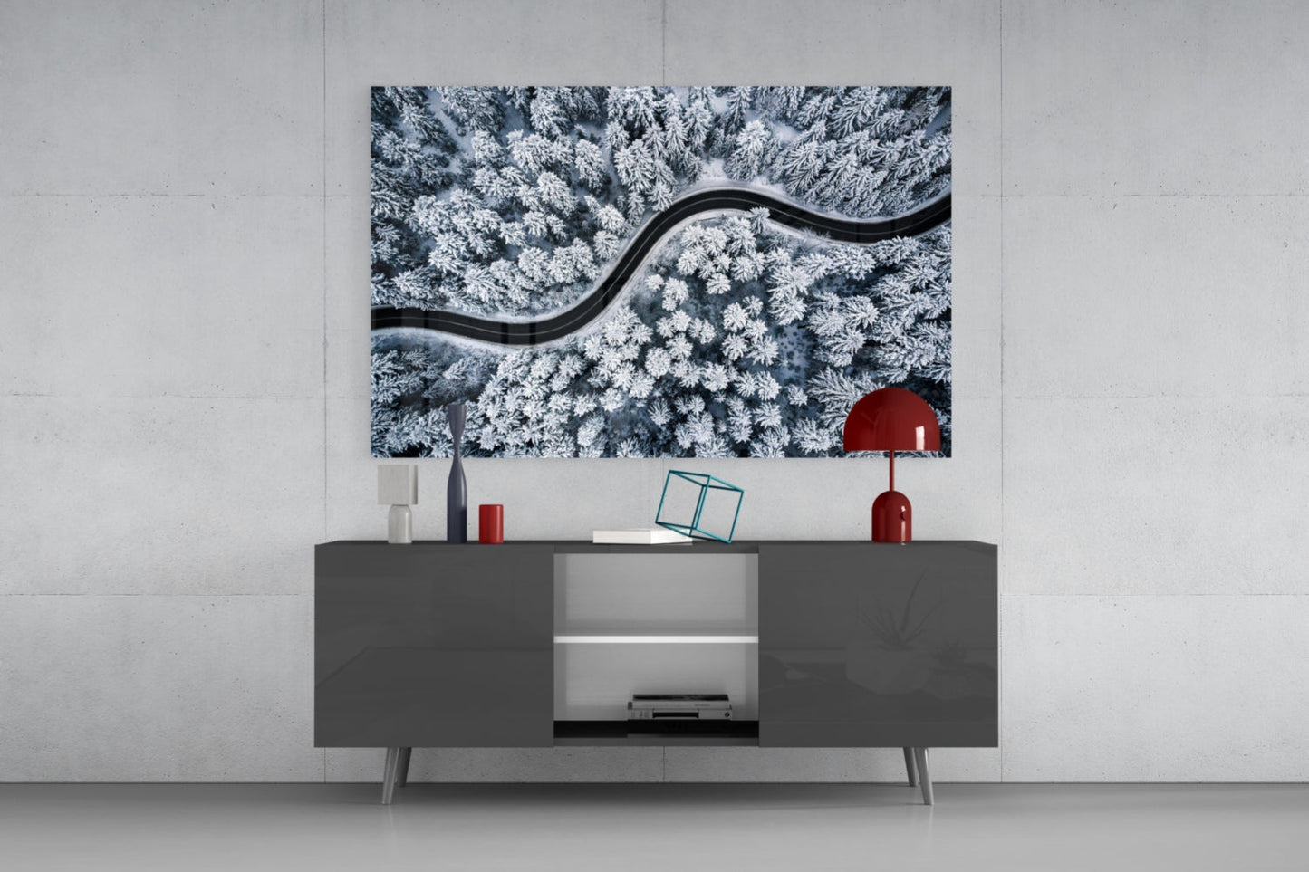 Snowy Forest Road Glass Wall Art