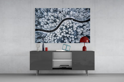Snowy Forest Road Glass Wall Art