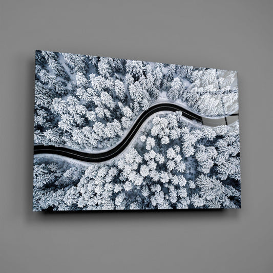 Snowy Forest Road Glass Wall Art