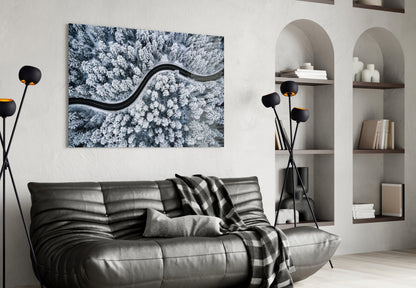Snowy Forest Road Glass Wall Art