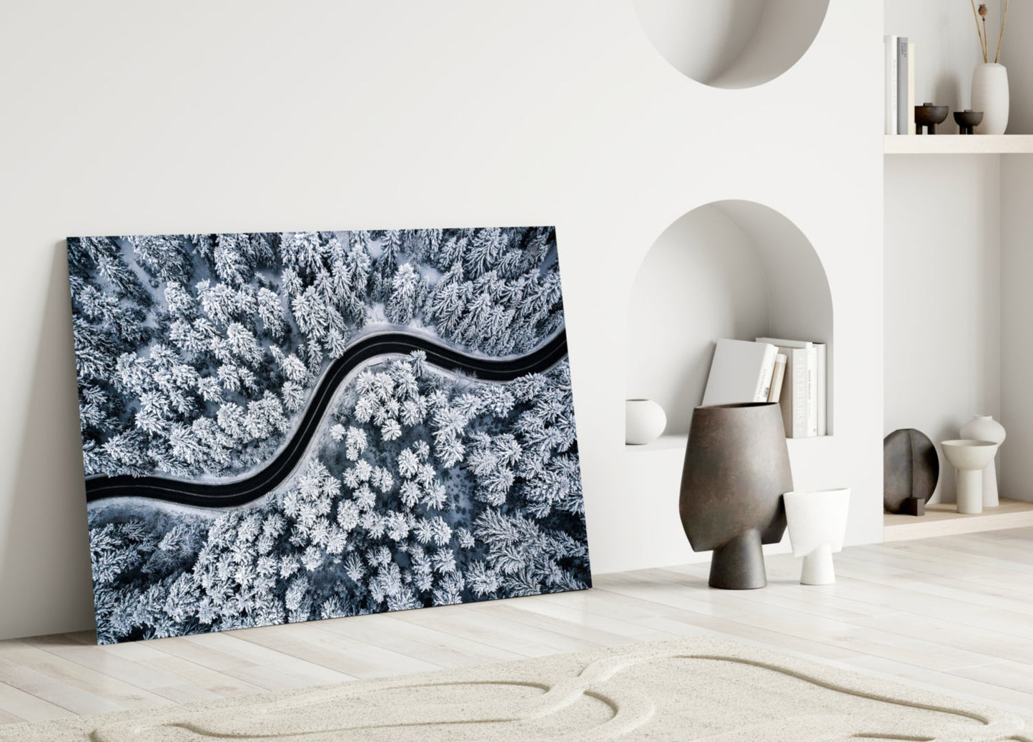 Snowy Forest Road Glass Wall Art