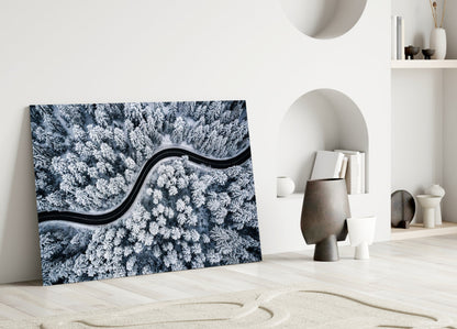 Snowy Forest Road Glass Wall Art
