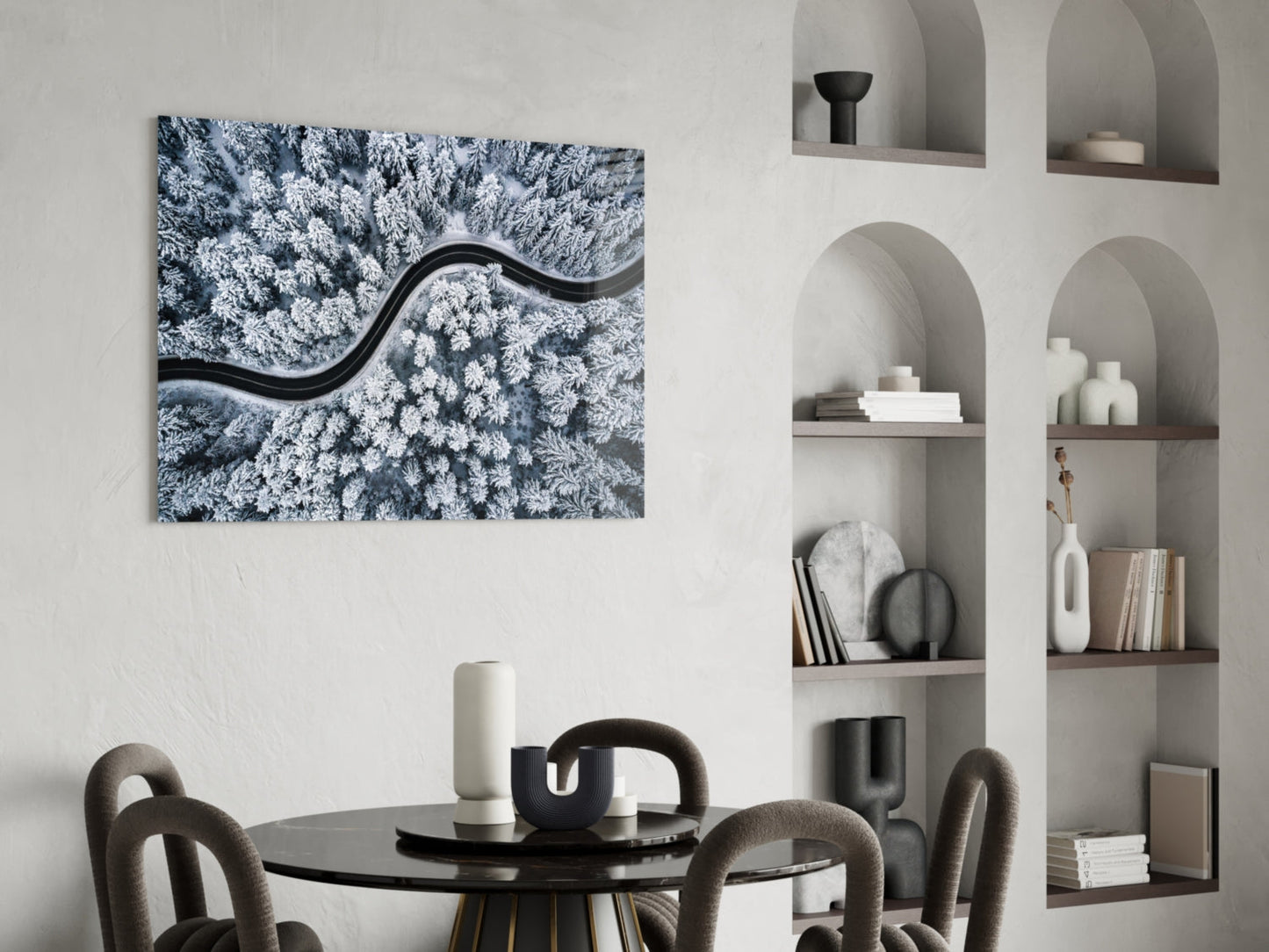 Snowy Forest Road Glass Wall Art
