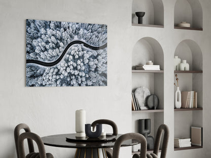 Snowy Forest Road Glass Wall Art