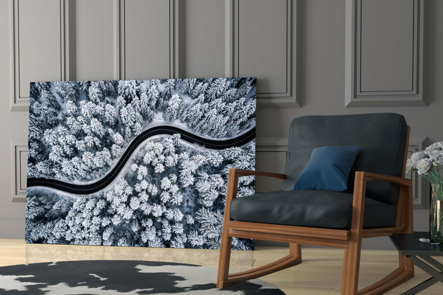 Snowy Forest Road Glass Wall Art