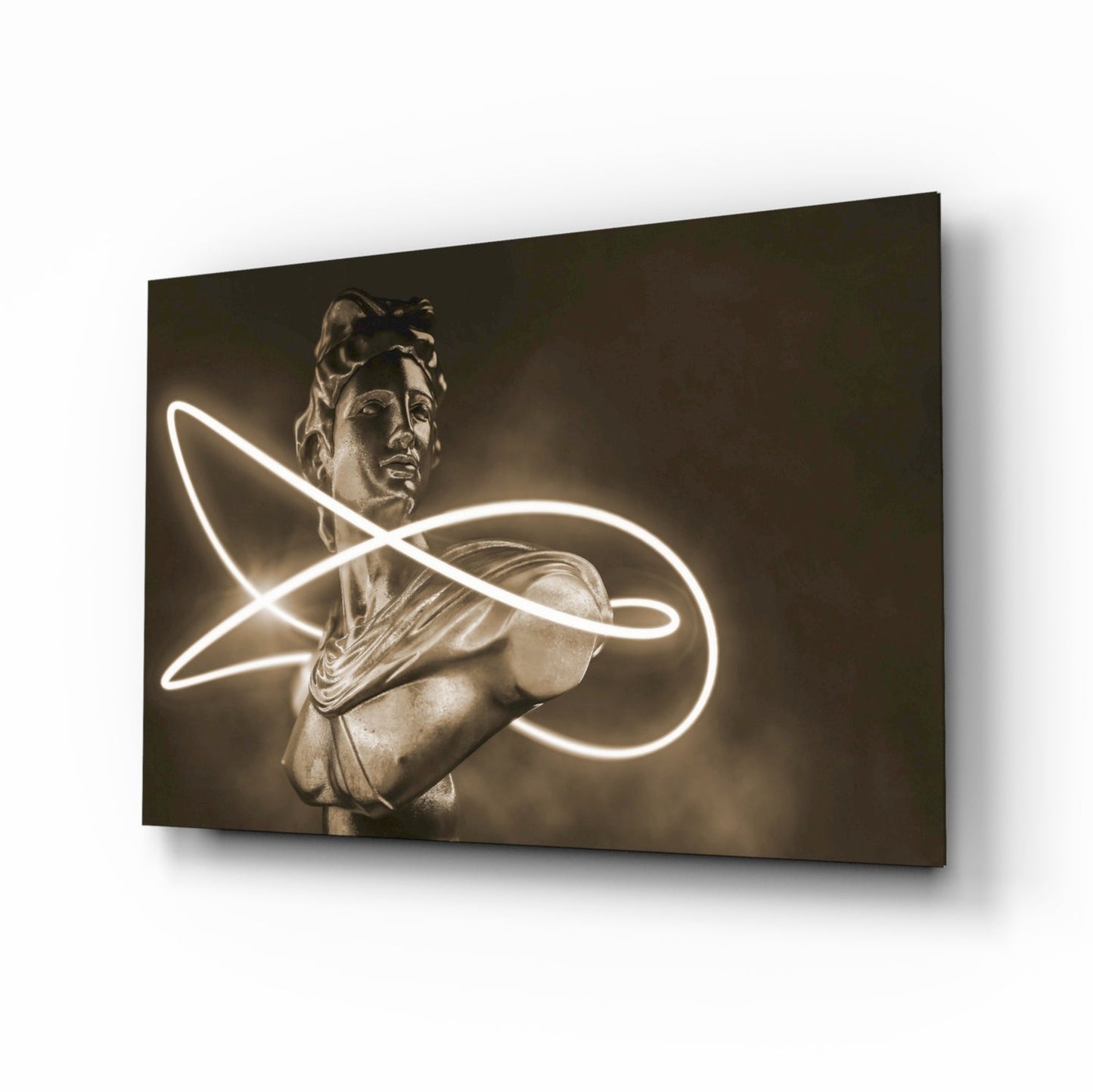 Sepia Apollo bust glass wall art