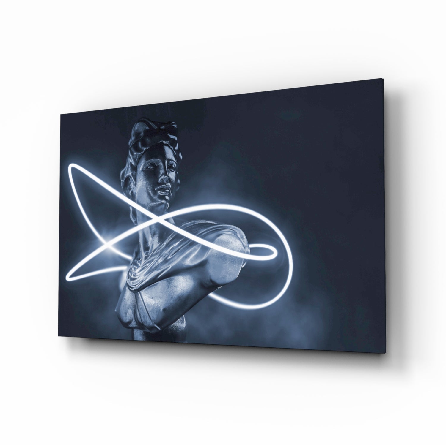 Indigo Apollo bust glass wall art