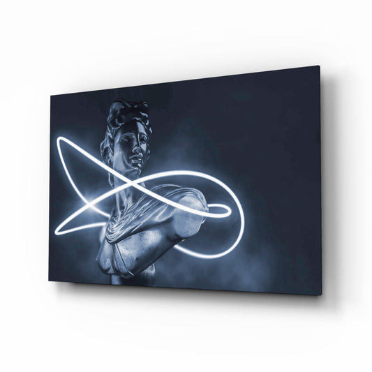 Indigo Apollo bust glass wall art