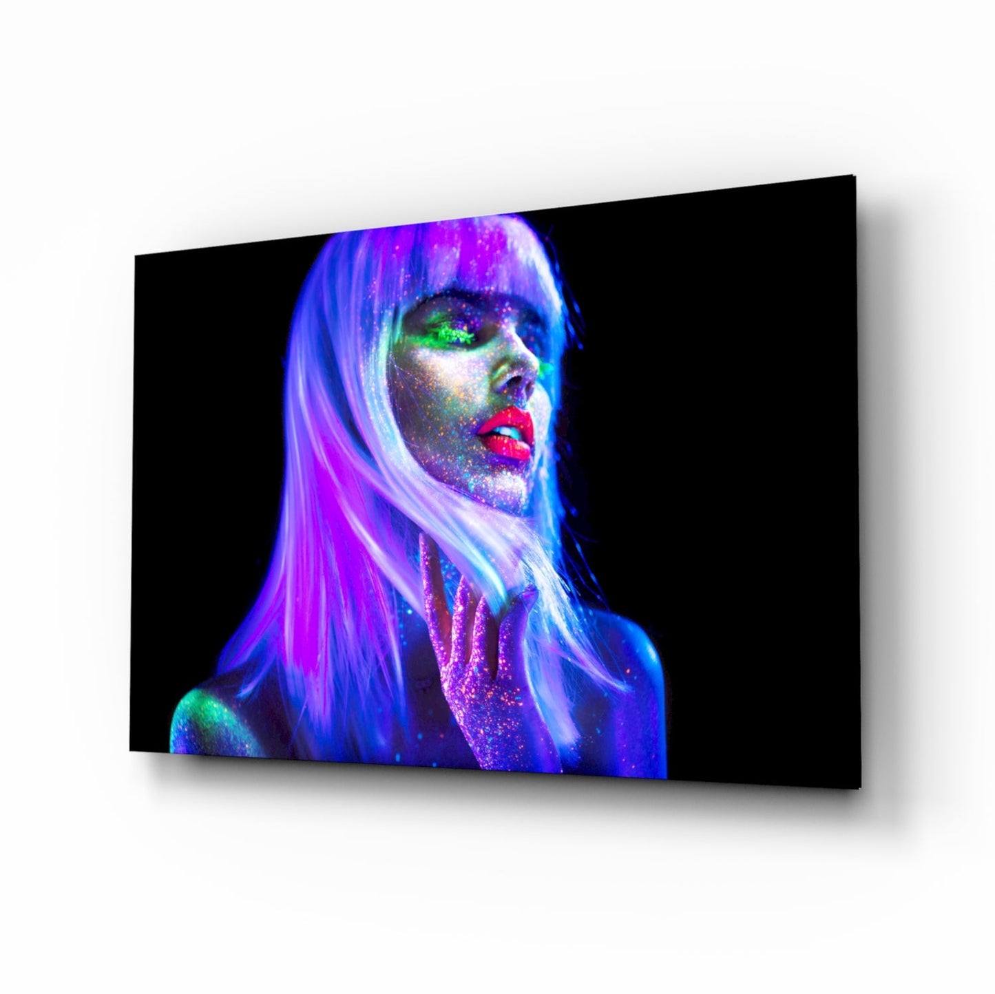 Woman in Violet Rave glass wall art, blacklight portrait