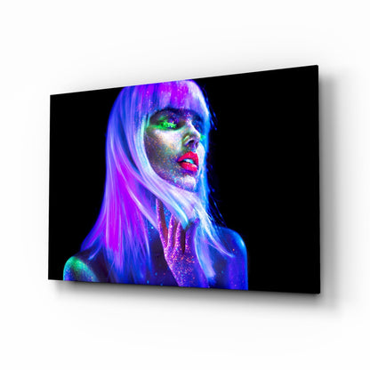 Woman in Violet Rave glass wall art, blacklight portrait