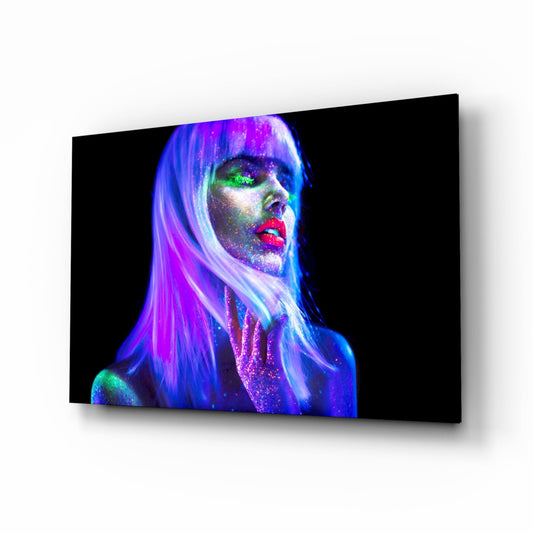 Woman in Violet Rave glass wall art, blacklight portrait