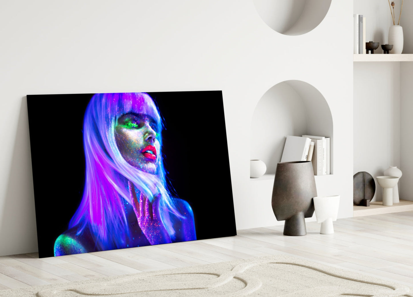 Woman In Violet Rave Glass Wall Art