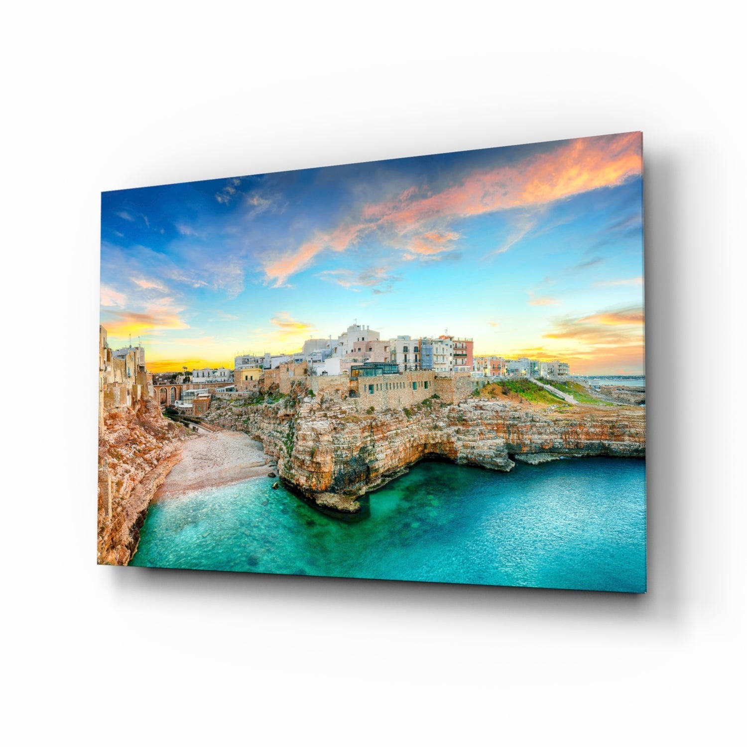 Cliff village coastal glass wall art
