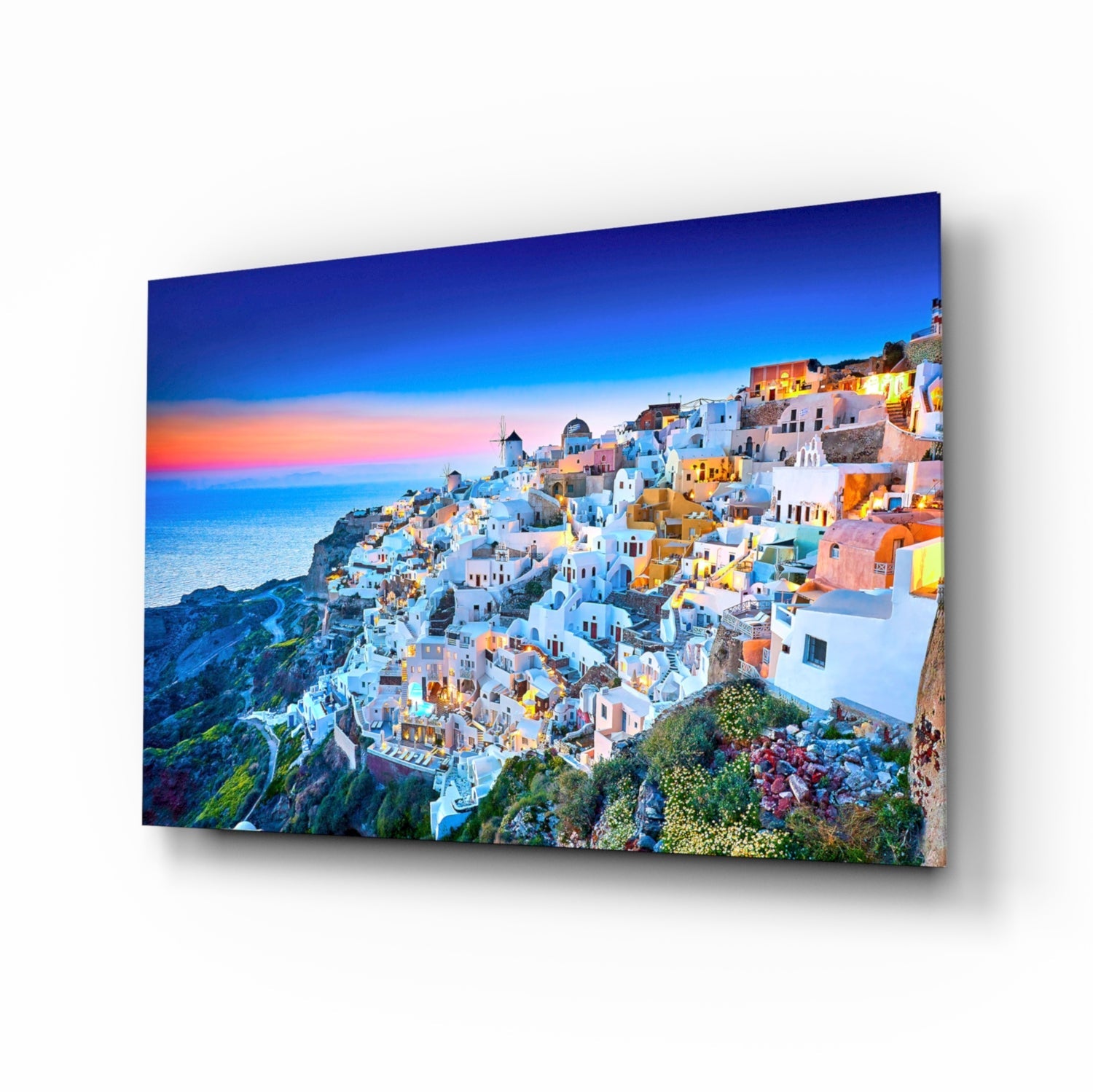 Santorini sunset village glass wall art