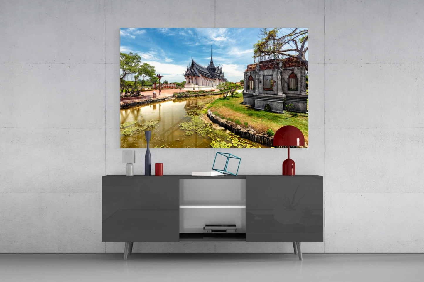 Thai Temple Village Glass Wall Art