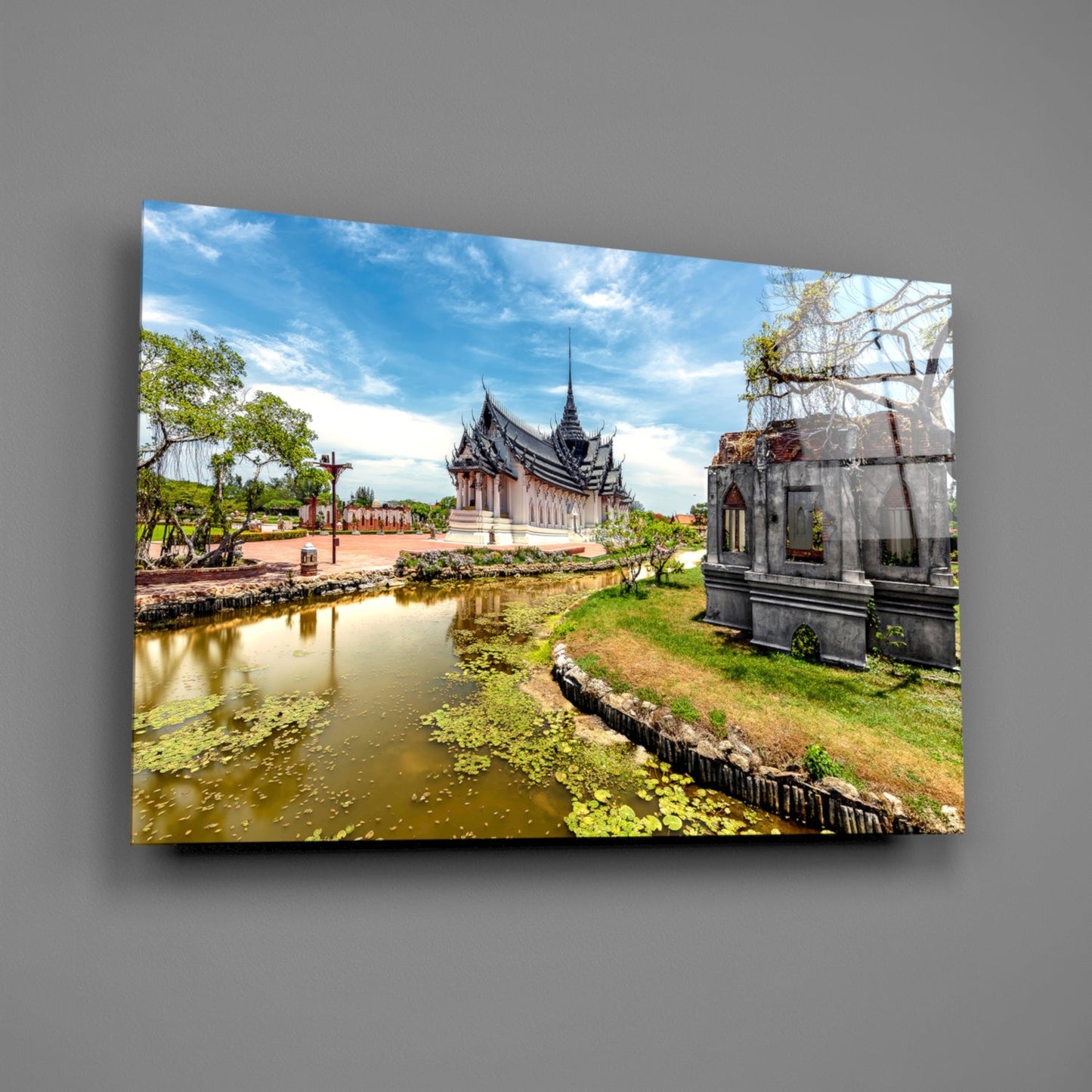Thai Temple Village Glass Wall Art