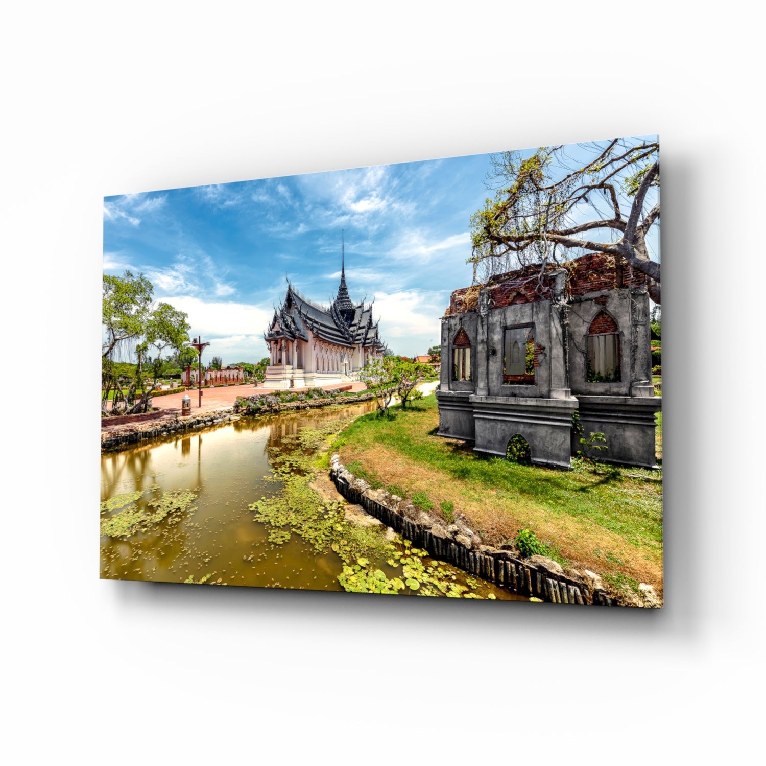 Thai temple village glass wall art