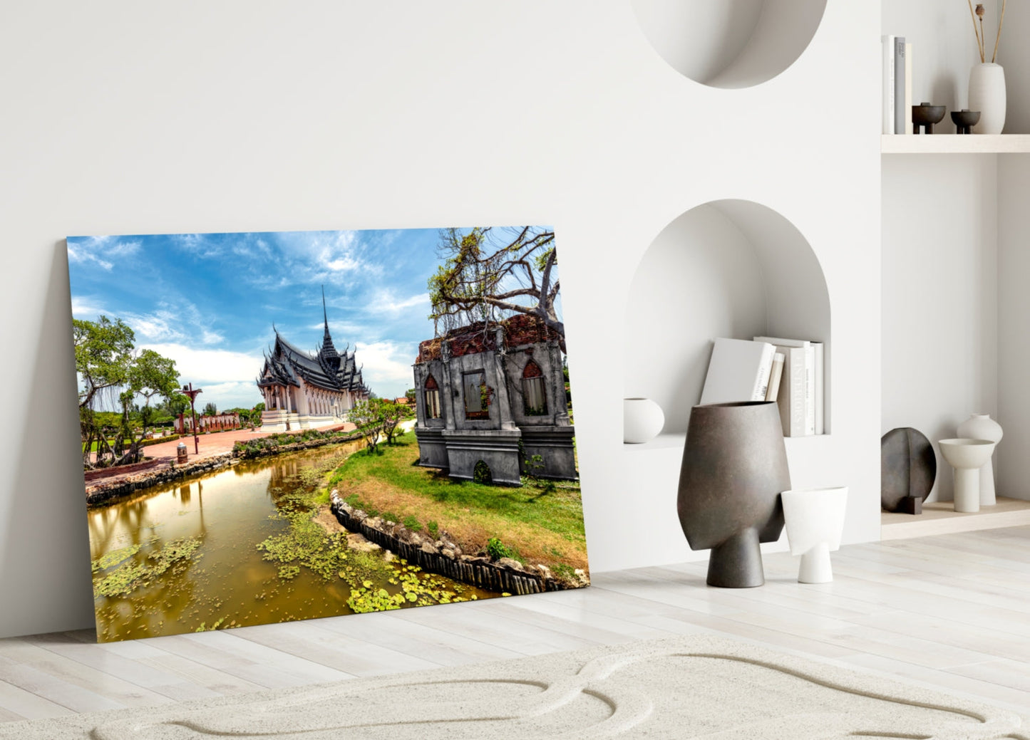 Thai Temple Village Glass Wall Art