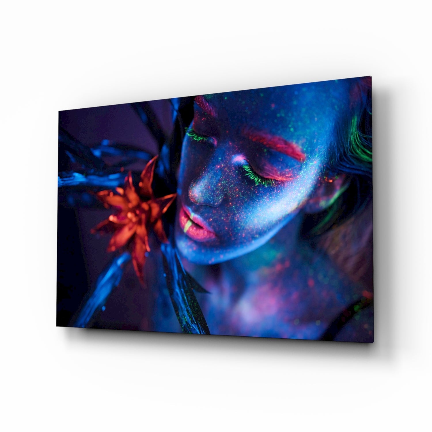 Woman in Blacklight glass wall art, neon UV portrait