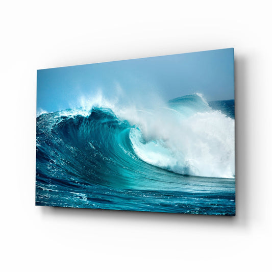 Breaking wave glass wall art, turquoise cobalt barrel and ivory crest spray on cinematic tempered glass