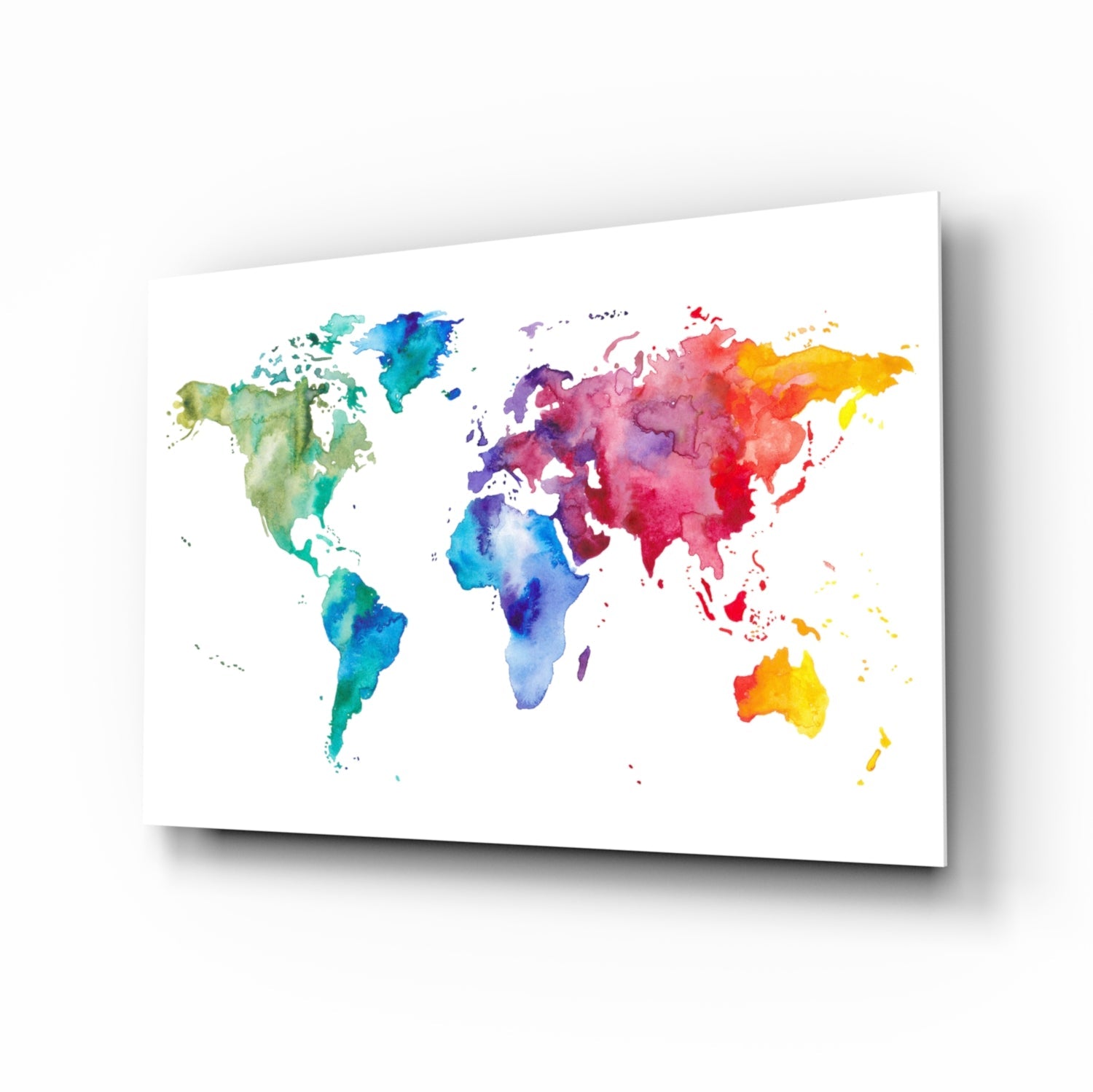 World Map rainbow watercolor glass wall art hanging in a modern office