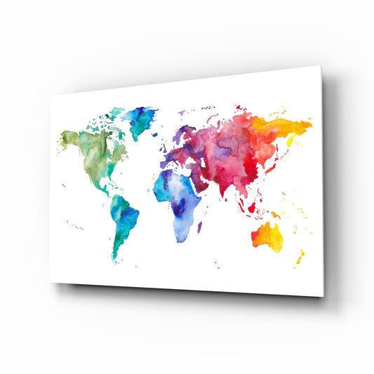 World Map rainbow watercolor glass wall art hanging in a modern office