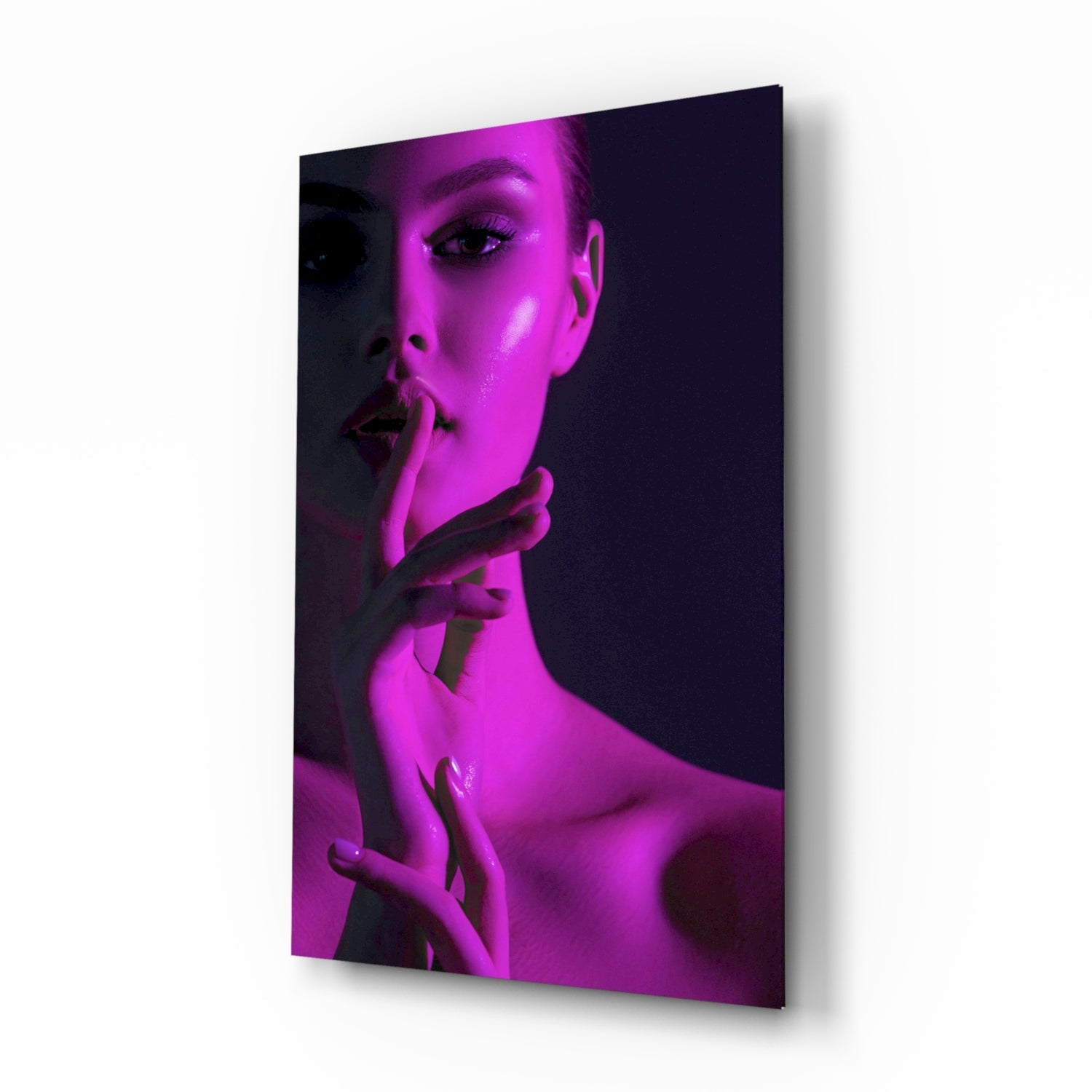 Woman in Magenta glass wall art, editorial portrait